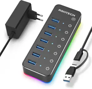 USB Hub Aktiv 3.0 mit Netzteil, RSHTECH 7-Port RGB USB 3.0 Hub Aluminium, 14 RGB