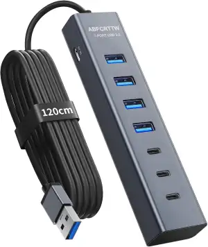 7-Port USB Hub 3.0 mit 120cm Kabel für Desktop, Aluminium USB Verteiler 5Gbps Mu