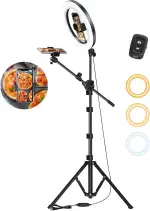 Overhead Stativ Handy mit Ringlicht – Doppelhalterung für 2 Smartphones, Höhenverstellbares Ringlicht mit Stativ aus Metall, 10.5" Ringlichter Ring Light für Kochen/Food-Creator/Vlogging/Make-up/DIY