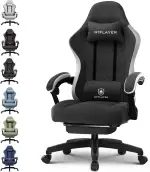 GTPLAYER Gaming Stuhl Ergonomischer Gaming Sessel Schreibtischstuhl mit Stoffoberfläche, Federsitzkissen, Verbindungsarmlehnen und Fußstütze 150KG, hellschwarz