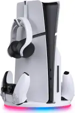 Ständer mit Dual Controller Ladegerät für PS5 Slim – PlayStation 5 Standfuß mit Twin Controller L...