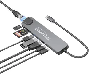 DreamQuest USB-C Hub 8-in-1 mit 100Mbps LAN-Anschluss, 4K HDMI, PD 65W, USB 3.0/