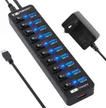 USB Hub Aktiv 3.0 mit Netzteil, VEMONT 11 Ports USB Verteiler (10*3.0 Ports,1 Intelligenter Charging Port)mit 12V/3A Netzteil,USB Splitter mit Individuellen Schalter & 1,2m Langes Kabel für PC/Laptop
