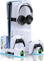 PS5/PS5 Slim/PS5 Pro Ständer, Vertikalständer mit 3 stufig Lüfter&Buntem Licht, Headset-Halter/Remote Steckplatz/Controller-Ladestation/11 Spiele Aufbewahrung/2 USB-Ports-normal RGB