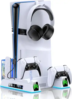 PS5/PS5 Slim/PS5 Pro Ständer, Vertikalständer mit 3 stufig Lüfter&Buntem Licht, 