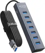 7-Port USB Hub 3.0 mit 120cm Kabel für Desktop, Aluminium USB Verteiler 5Gbps Multiport Adapter S...