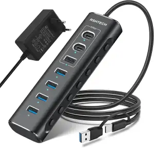 USB C Hub Aktiv mit Netzteil, RSHTECH 7-Port USB C 3.2 Hub Aktiv mit 3 * 10Gbps 