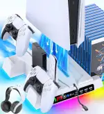 PS5/PS5 Slim/PS5 PRO Standfuß mit 3 Stufen Lüfter und PS5 Controller Ladestation für alle PS5 Konsole, PS5 Ständer mit LED Anzeige/3 USB Anschlüsse/Remote- und 14 Spiele Steckplätze für PS5 Zubehör