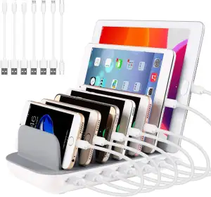 USB Ladestation 60W/12A 7 Anschlüsse Desktop Ladestation für Mehrere Geräte mit 6 Ai USB Anschlüssen + 1 USB-C Anschluss mit 7pcs Kurz USB-Kabel (weiß)