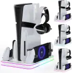 PS5/PS5 Slim Ständer mit Kühlventilator, PS5 Standfuß für PS5/PS5 Slim mit 3-Stufig Kühler Lüfter und 5 RGB Licht Modi PS5 Standfuß mit PS Portal Dock /PS5 Controller Ladestation,Headset Haken