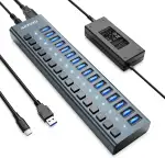 USB-Hub, USB-Hub mit 16 Anschlüssen, USB-3.1-Daten-Hub (10 Gbit/s), USB-Splitter mit Schaltern und 90 W (12 V/7,5 A) Netzteil, USB-3.1-Adapter für PC/Laptop