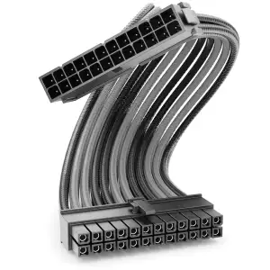 deleyCON 24-Pin ATX Netzteil Kabel Verlängerung 30cm - 18 AWG PSU Mainboard PC Computer Netzteil Nylon Stromkabel Stromversorgung Stecker auf Buchse - Schwarz Grau