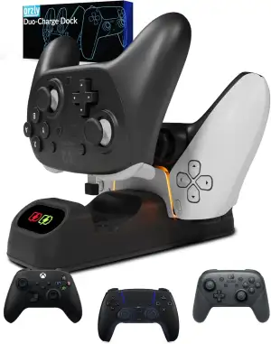 Controller-Ladestation für PlayStation 5 DualSense, Nintendo Switch Pro & Switch 2, Xbox Series X|S, Amazon Luna Google Stadia Dual-USB-C-Ladegerät Orzly Design – Tolles Geschenk für Gamer