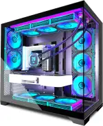 ANSAITE ATX PC-Gehäuse 9×120 mm ARGB PWM-Lüfter vorinstalliert ，Mid-Tower Gaming PC-Gehäuse, Panorama-Gehärtetes Glas Schwarz Computer-Gehäuse mit Typ-C, 360mm Radiator Unterstützung，H-D9 (Schwarz)
