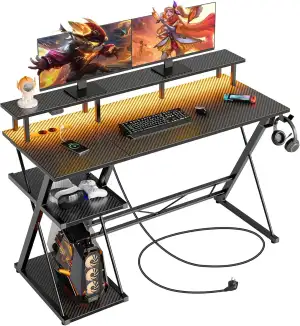 SEVEN WARRIOR Gaming Tisch mit LED-Beleuchtung & Steckdosen, Gaming Schreibtisch