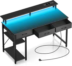 Rolanstar Schreibtisch mit Schubladen, Computertisch mit Steckdosen & LED, Gamin